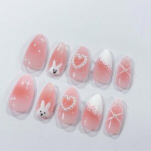 Cute Pink and White Bunny Gel-X Nail Set
